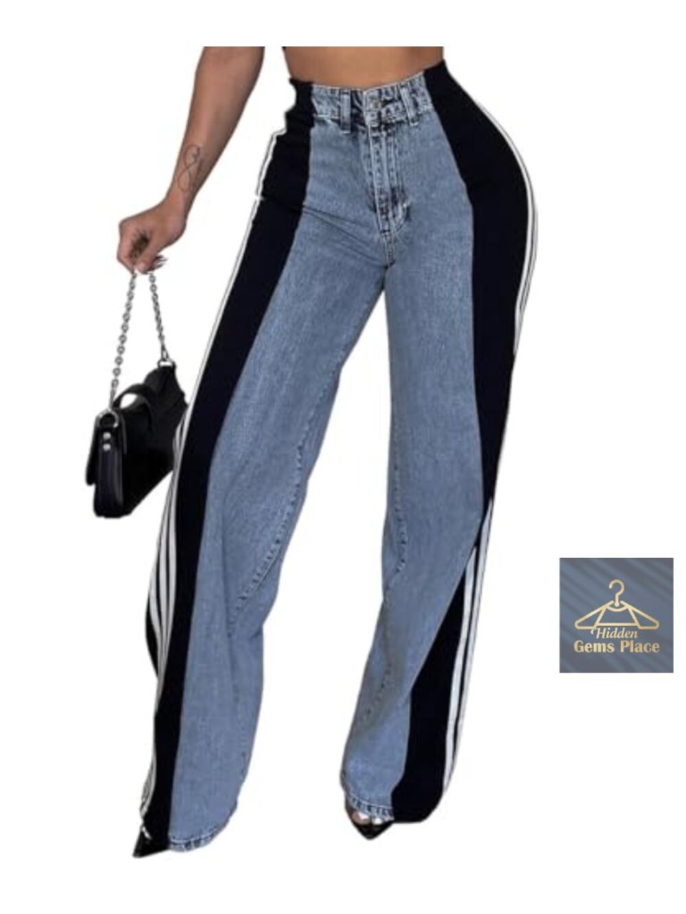 High Waisted Wide Leg Patchwork Stripe Stretch Jeans 90% Polyester 10% Spandex